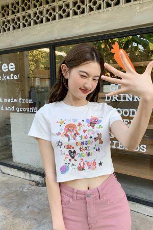 Colorful Printed Loose Short Sleeve T-shirt for Women - Fun Spring 2025 Slim Top, Casual 90s Style