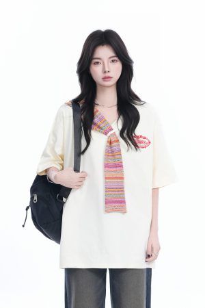 Colorful Spliced Apricot Short Sleeve T-Shirt for Women, Loose Fit, Half Sleeves, Trendy Y2K Style