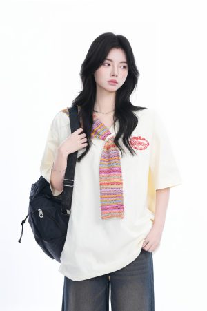 Colorful Spliced Apricot Short Sleeve T-Shirt for Women, Loose Fit, Half Sleeves, Trendy Y2K Style