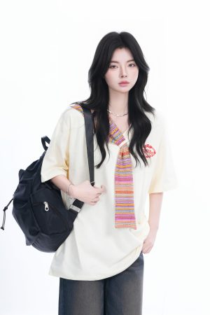 Colorful Spliced Apricot Short Sleeve T-Shirt for Women, Loose Fit, Half Sleeves, Trendy Y2K Style