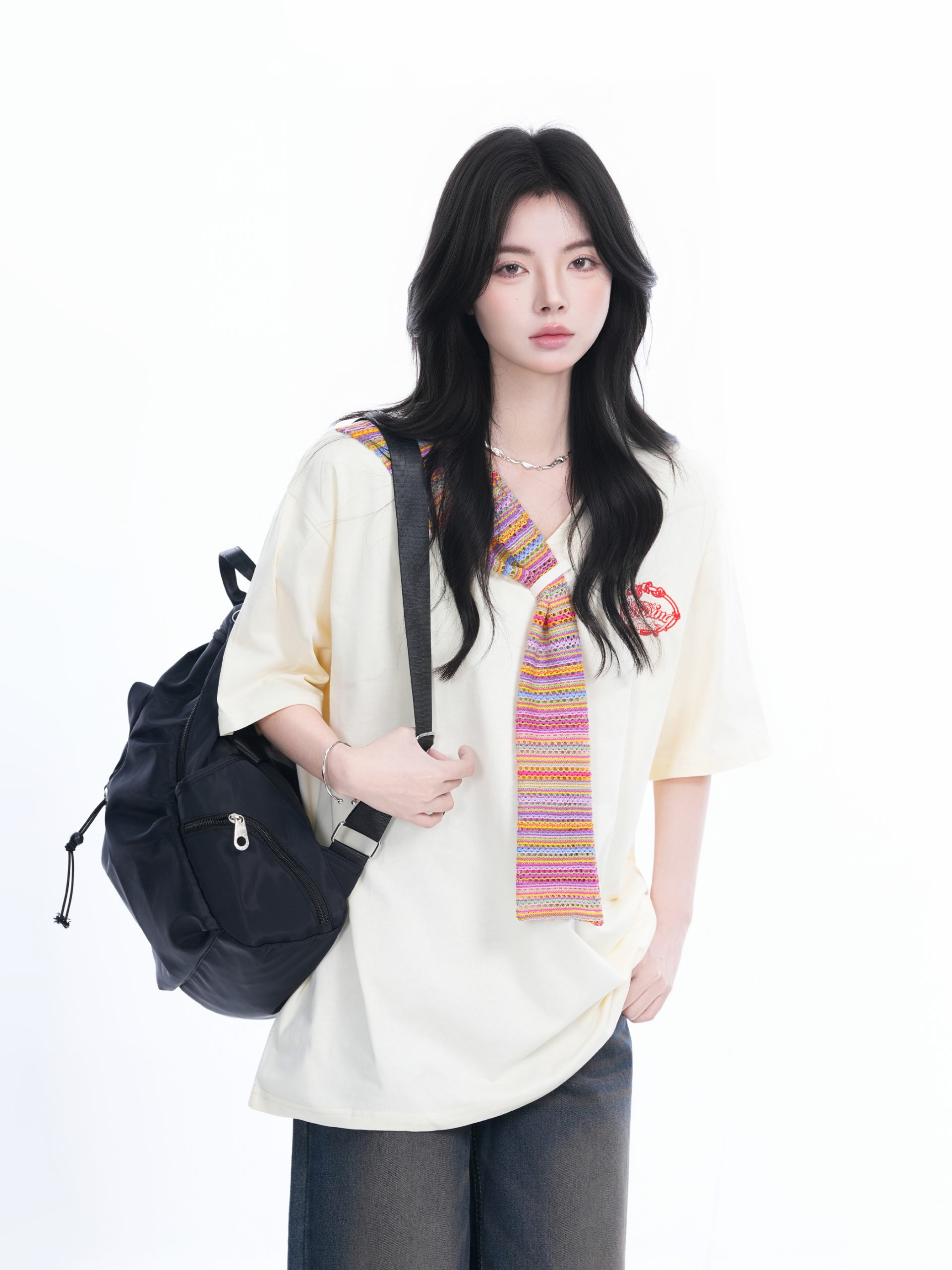 Colorful Spliced Apricot Short Sleeve T-Shirt for Women, Loose Fit, Half Sleeves, Trendy Y2K Style Colorful Spliced Apricot Short Sleeve T-Shirt for Women, Loose Fit, Half Sleeves, Trendy Y2K Style