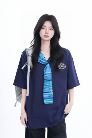 Colorful Spliced Apricot Short Sleeve T-Shirt for Women, Loose Fit, Half Sleeves, Trendy Y2K Style