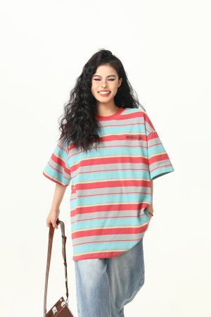 Colorful Striped Short Sleeve T-Shirt for Women - Vintage American Style, Loose Fit Summer Top, 90s Inspired Fashion