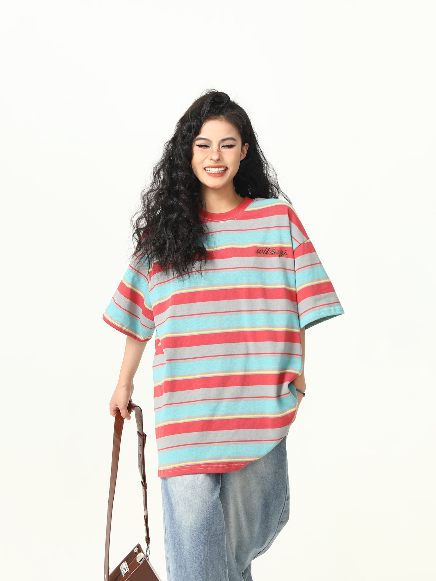 Colorful Striped Short Sleeve T-Shirt for Women - Vintage American Style, Loose Fit Summer Top, 90s Inspired Fashion