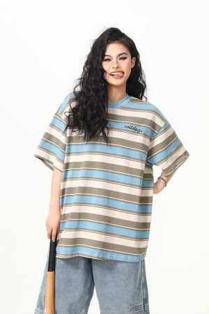 Colorful Striped Short Sleeve T-Shirt for Women - Vintage American Style, Loose Fit Summer Top, 90s Inspired Fashion