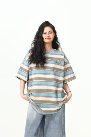 Colorful Striped Short Sleeve T-Shirt for Women - Vintage American Style, Loose Fit Summer Top, 90s Inspired Fashion