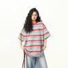 Colorful Striped Short Sleeve T-Shirt for Women - Vintage American Style, Loose Fit Summer Top, 90s Inspired Fashion
