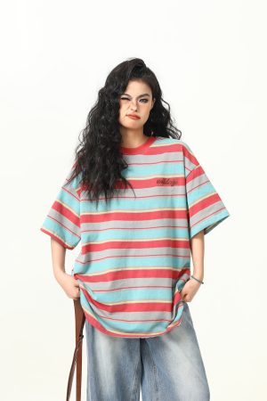 Colorful Striped Short Sleeve T-Shirt for Women - Vintage American Style, Loose Fit Summer Top, 90s Inspired Fashion