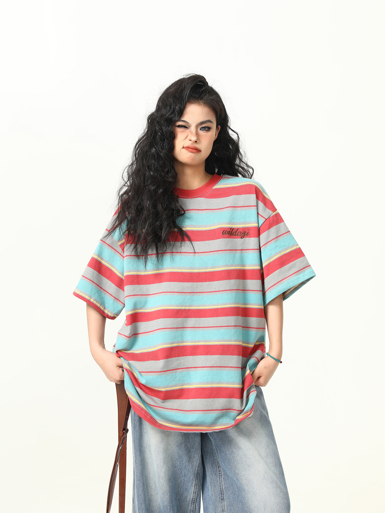 Colorful Striped Short Sleeve T-Shirt for Women - Vintage American Style, Loose Fit Summer Top, 90s Inspired Fashion