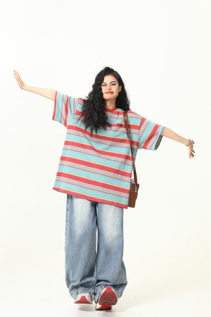 Colorful Striped Short Sleeve T-Shirt for Women - Vintage American Style, Loose Fit Summer Top, 90s Inspired Fashion