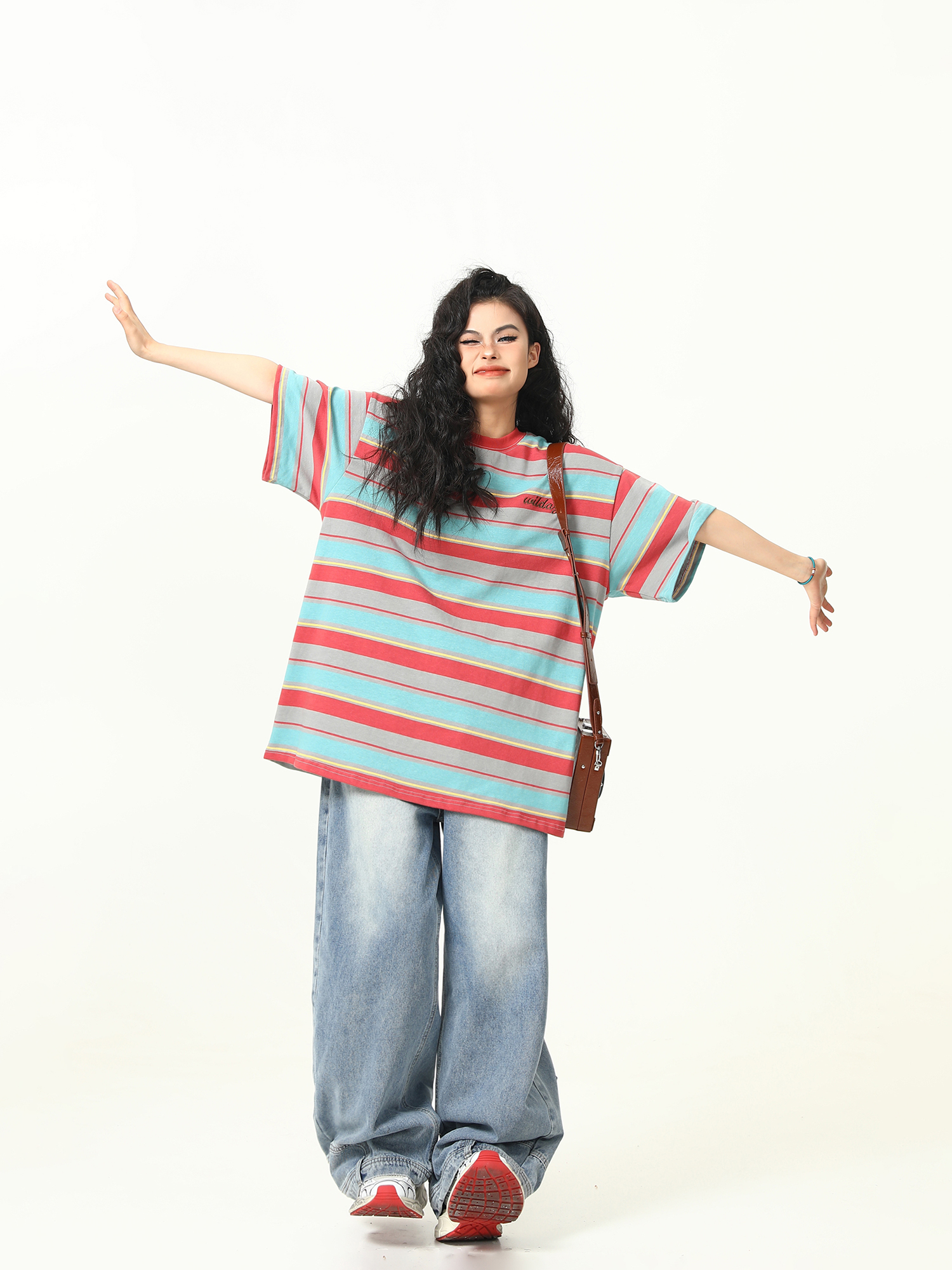 Colorful Striped Short Sleeve T-Shirt for Women - Vintage American Style, Loose Fit Summer Top, 90s Inspired Fashion