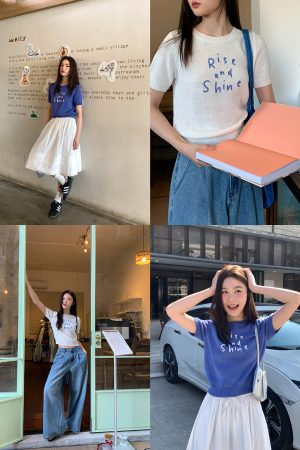 Contrast Color Letter Embroidery Short-Sleeve Knitted Top for Women - Spring/Summer 2023, Slightly Loose Fit T-Shirt