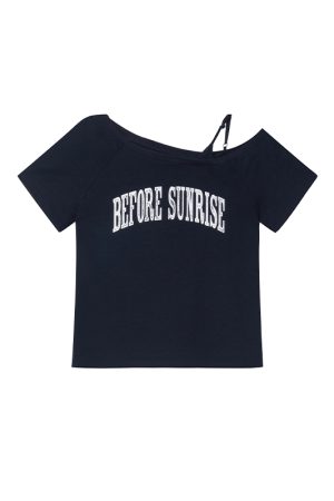 Contrast Color Letter Print Asymmetrical Shoulder Short Sleeve T-Shirt for Women - Summer 2025 Casual Versatile Top, Y2K Style