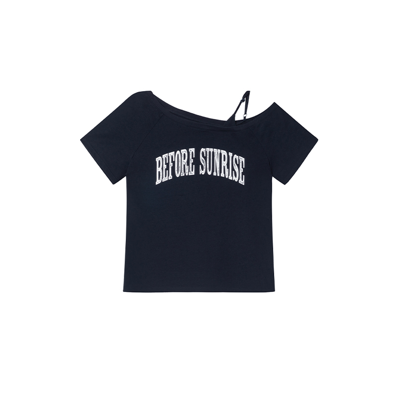 Contrast Color Letter Print Asymmetrical Shoulder Short Sleeve T-Shirt for Women - Summer 2025 Casual Versatile Top, Y2K Style Contrast Color Letter Print Asymmetrical Shoulder Short Sleeve T-Shirt for Women - Summer 2025 Casual Versatile Top, Y2K Style