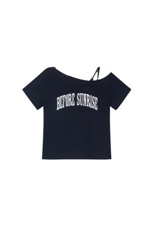 Contrast Color Letter Print Asymmetrical Shoulder Short Sleeve T-Shirt for Women - Summer 2025 Casual Versatile Top, Y2K Style