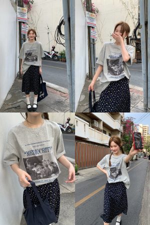 Contrast Color Portrait Print Round Neck Short Sleeve T-Shirt for Women - Loose Fit Pure Cotton Summer Style 2025