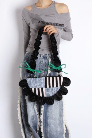 Contrasting Color Floral Underarm Bag - Spliced Denim Bow Half-Moon Crossbody Bag for Autumn & Winter, Niche Design