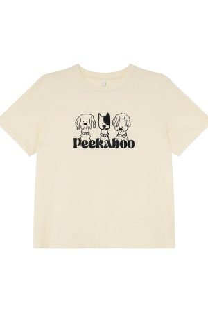 Contrasting Color Striped Dog Foam Printed Short-Sleeve T-Shirt for Women - Summer High-End Round Neck Top, Trendy Fashion 90s Style