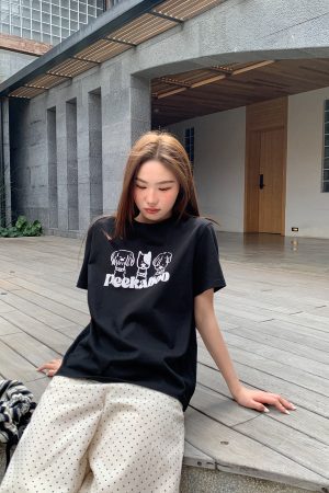 Contrasting Color Striped Dog Foam Printed Short-Sleeve T-Shirt for Women - Summer High-End Round Neck Top, Trendy Fashion 90s Style