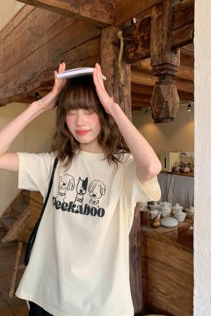 Contrasting Color Striped Dog Foam Printed Short-Sleeve T-Shirt for Women - Summer High-End Round Neck Top, Trendy Fashion 90s Style