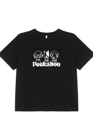 Contrasting Color Striped Dog Foam Printed Short-Sleeve T-Shirt for Women - Summer High-End Round Neck Top, Trendy Fashion 90s Style