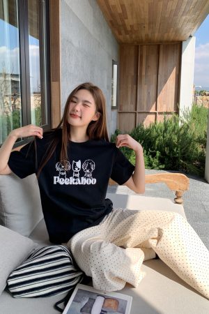 Contrasting Color Striped Dog Foam Printed Short-Sleeve T-Shirt for Women - Summer High-End Round Neck Top, Trendy Fashion 90s Style