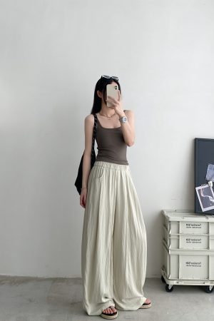 Cool Feel Wide-Leg Pants in Water-Washed Faux Tencel - Soft, Heavy-Duty Casual Long Pants with Lazy Tone Design