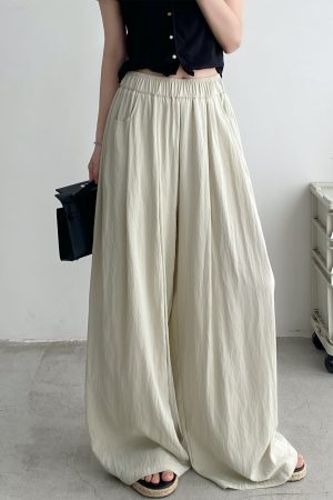 Cool Feel Wide-Leg Pants in Water-Washed Faux Tencel - Soft, Heavy-Duty Casual Long Pants with Lazy Tone Design