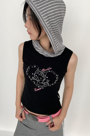 Cool Girl Summer Hooded Sleeveless Vest - Casual Printed Tee Top for Y2K Style