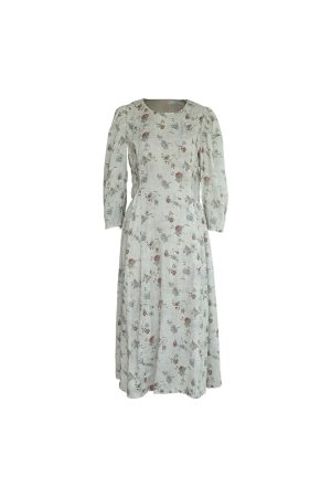 Cool Sky Blue Silk Linen Dress for Women, Vintage Autumn Puff Sleeve, Waist-Defined Long Dress, Y2K Fashion, Elegant Casual Wear