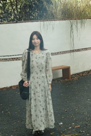 Cool Sky Blue Silk Linen Dress for Women, Vintage Autumn Puff Sleeve, Waist-Defined Long Dress, Y2K Fashion, Elegant Casual Wear