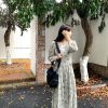 Cool Sky Blue Silk Linen Dress for Women, Vintage Autumn Puff Sleeve, Waist-Defined Long Dress, Y2K Fashion, Elegant Casual Wear