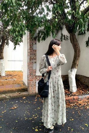 Cool Sky Blue Silk Linen Dress for Women, Vintage Autumn Puff Sleeve, Waist-Defined Long Dress, Y2K Fashion, Elegant Casual Wear