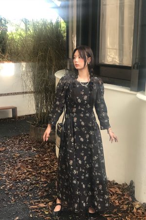 Cool Sky Blue Silk Linen Dress for Women, Vintage Autumn Puff Sleeve, Waist-Defined Long Dress, Y2K Fashion, Elegant Casual Wear