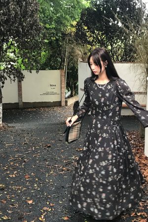 Cool Sky Blue Silk Linen Dress for Women, Vintage Autumn Puff Sleeve, Waist-Defined Long Dress, Y2K Fashion, Elegant Casual Wear