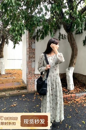 Cool Sky Blue Silk Linen Dress for Women, Vintage Autumn Puff Sleeve, Waist-Defined Long Dress, Y2K Fashion, Elegant Casual Wear