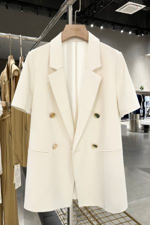 Cream Short Sleeve Blazer with Metal Buttons - British Style Professional Suit for Women - 2025 Summer Fashion Trend