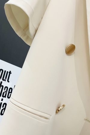Cream Short Sleeve Blazer with Metal Buttons - British Style Professional Suit for Women - 2025 Summer Fashion Trend