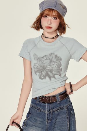 Cropped American Retro Raglan T-Shirt for Women, Short Sleeve Round Neck Top, Summer Style, Slim Fit, Trendy Y2K Fashion