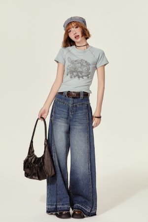 Cropped American Retro Raglan T-Shirt for Women, Short Sleeve Round Neck Top, Summer Style, Slim Fit, Trendy Y2K Fashion