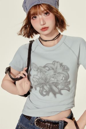 Cropped American Retro Raglan T-Shirt for Women, Short Sleeve Round Neck Top, Summer Style, Slim Fit, Trendy Y2K Fashion