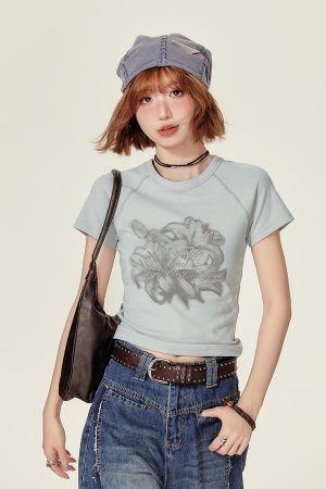 Cropped American Retro Raglan T-Shirt for Women, Short Sleeve Round Neck Top, Summer Style, Slim Fit, Trendy Y2K Fashion
