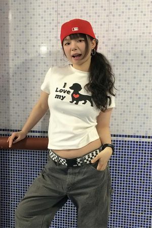 Cropped American-Style Short Sleeve T-Shirt for Women with Cartoon Dog Print, Round Neck, Slim Fit, Flattering Summer Top