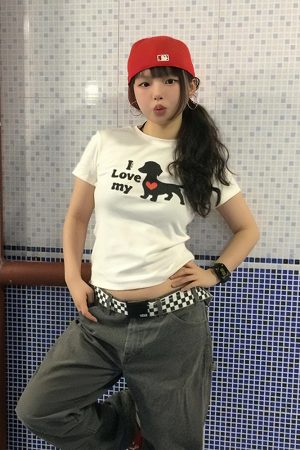 Cropped American-Style Short Sleeve T-Shirt for Women with Cartoon Dog Print, Round Neck, Slim Fit, Flattering Summer Top
