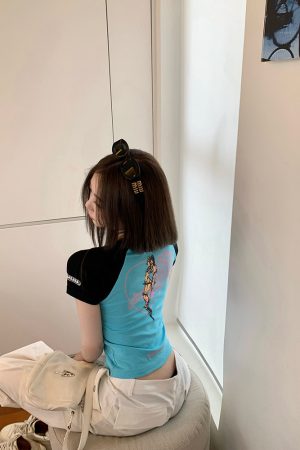 Cropped Color-Blocking T-Shirt for Women, Short Sleeve American Style, Trendy Hot Girl Printed Top, Y2K Fashion