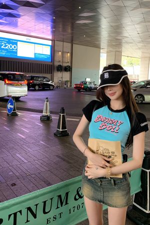 Cropped Color-Blocking T-Shirt for Women, Short Sleeve American Style, Trendy Hot Girl Printed Top, Y2K Fashion