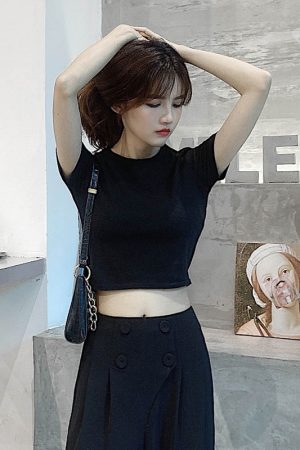 Cropped Pure Cotton Short Sleeve T-Shirt for Women, Slim Fit, Solid Color Round Neck Top - Versatile Summer 2025 Essential