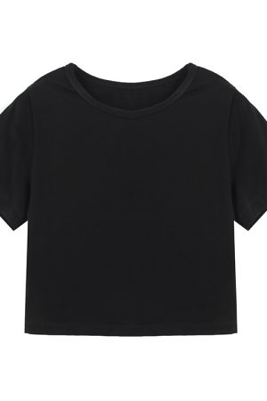 Cropped Pure Cotton Short Sleeve T-Shirt for Women, Slim Fit, Solid Color Round Neck Top - Versatile Summer 2025 Essential