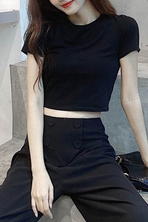 Cropped Pure Cotton Short Sleeve T-Shirt for Women, Slim Fit, Solid Color Round Neck Top - Versatile Summer 2025 Essential