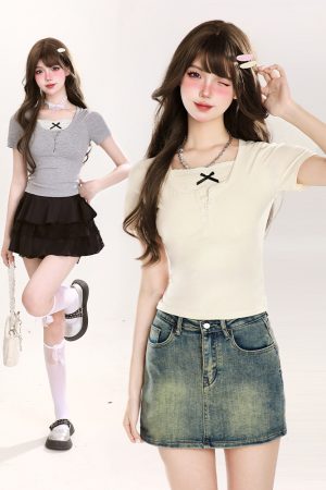 Cropped Summer T-Shirt for Women, Short-Sleeved with Unique Design, Trendy Casual Top for Stylish Girls